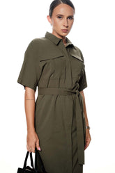 DOUBLE POCKET MIDI DRESS - OLIVE